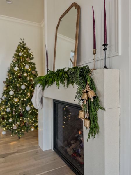 Mantle decor, hanging bells, faux garland, Norfolk pine garland, stockings 

#LTKHoliday