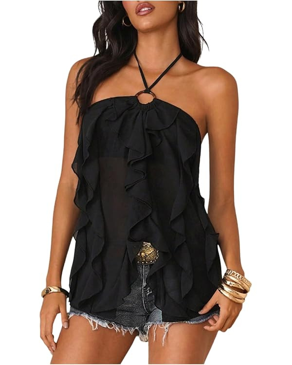 SOLY HUX Women's Ruffle Halter Tie Backless Flowy Summer Going Out Tops | Casual, Summer, Camisol... | Amazon (US)