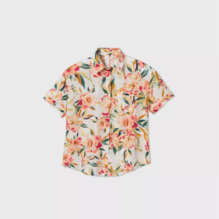Women's Floral Print Simply Cool Short Sleeve Button-Up Shirt - Stars Above™ Cream | Target