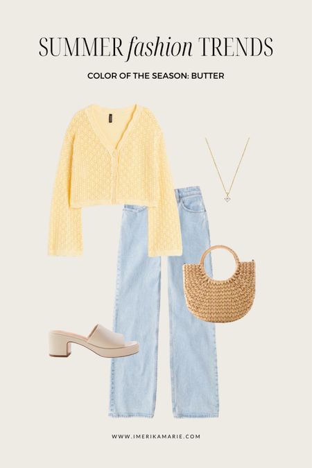 summer fashion trends. summer outfit. abercrombie and fitch jeans. abercrombie finds. h&m finds. nude sandals. straw bag. yellow cardigan. 

#LTKunder50 #LTKstyletip #LTKunder100