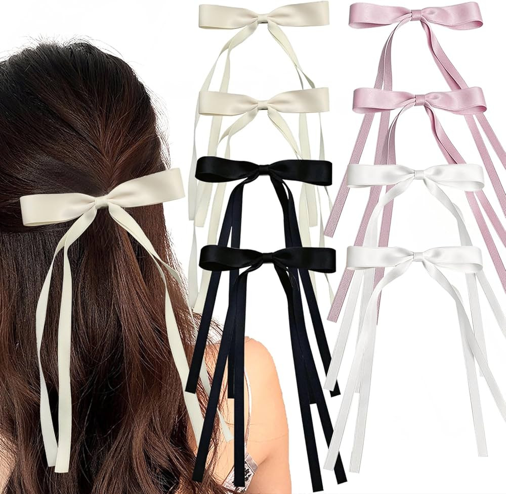 8Pcs Hair Bows for Women Tassel Ribbon Bowknot Hair Clips with Long Tail Solid Bow Hair Clips for... | Amazon (US)