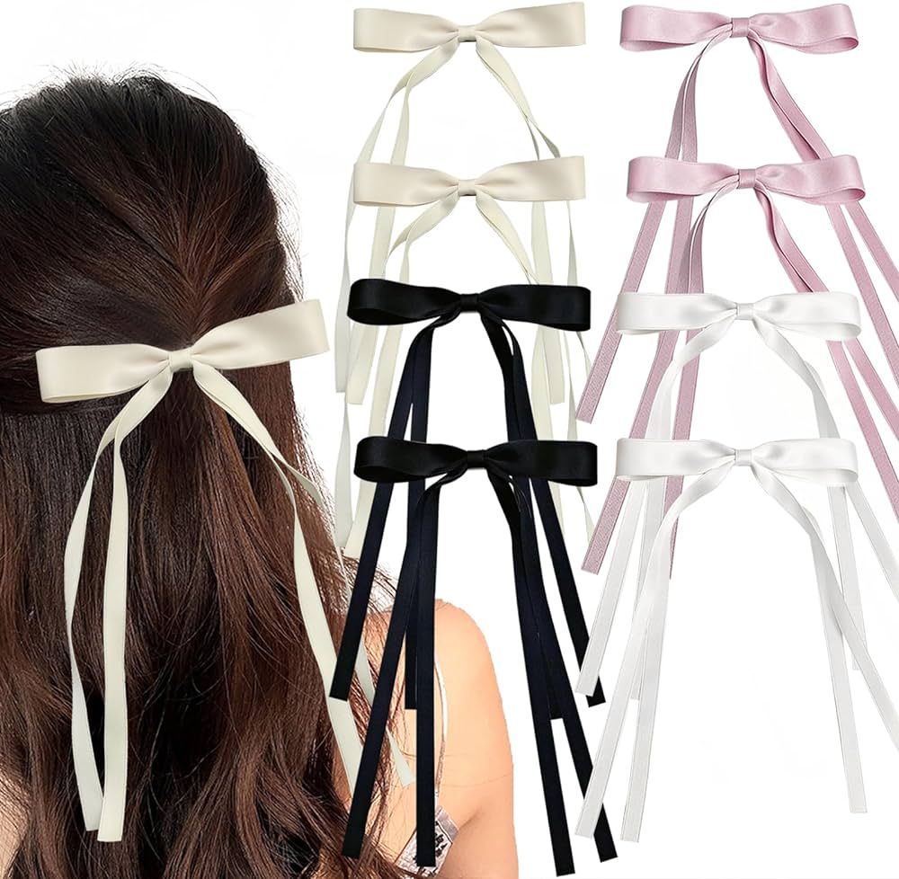 8Pcs Hair Bows for Women Tassel Ribbon Bowknot Hair Clips with Long Tail Solid Bow Hair Clips for... | Amazon (US)