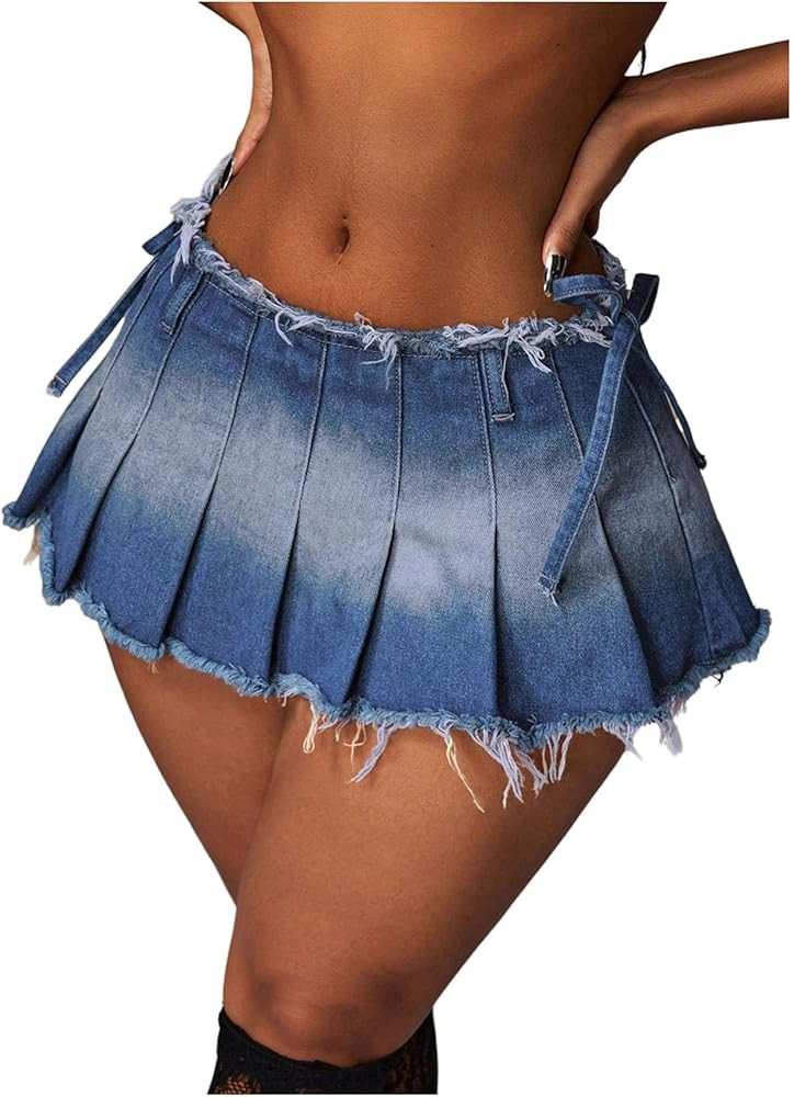 Floerns Women's Bow Side Low Waist Mini Skirts Pleated Hem Ripped Y2k Denim Skirts | Amazon (US)