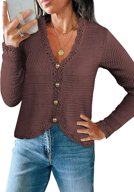 Womens Cardigan Sweaters Trendy Cropped Button Up Long Sleeve V Neck Loose Boho Casual Knit Tops ... | Amazon (US)