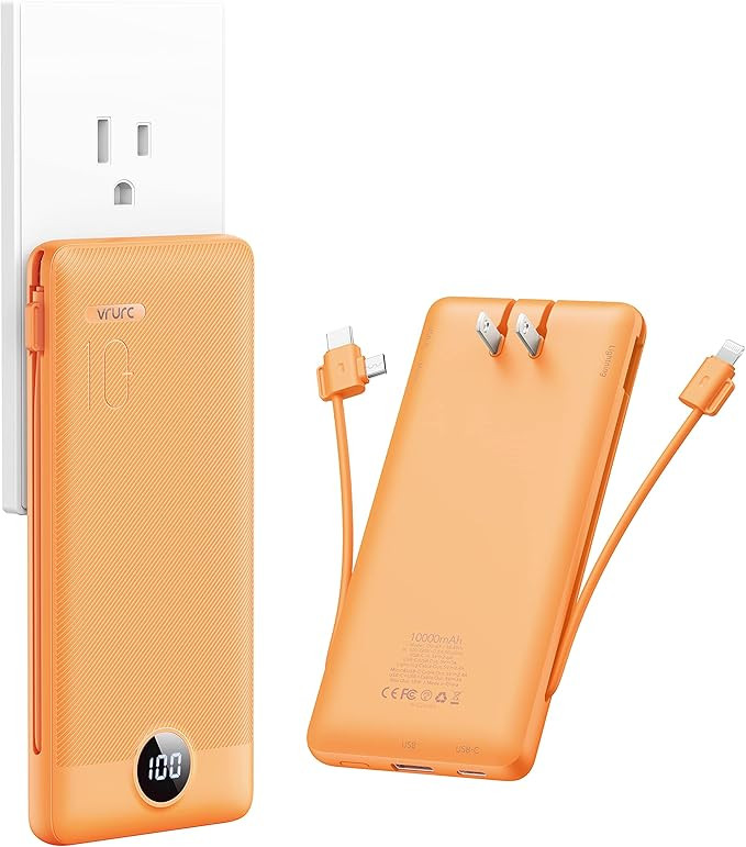 VRURC Portable Charger 10000mAh, Power Bank Built-in AC Wall Plug, Two Cables, 5 Outputs 2 Inputs... | Amazon (US)