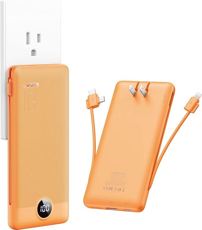 VRURC Portable Charger 10000mAh, Power Bank Built-in AC Wall Plug, Two Cables, 5 Outputs 2 Inputs... | Amazon (US)