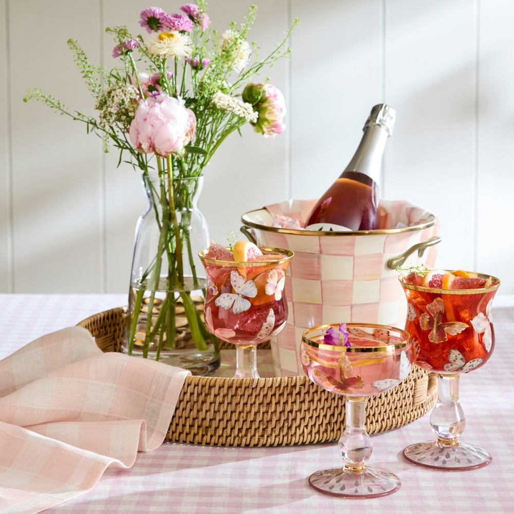 Rosy Check Enamel & Rattan Round Serving Tray | MacKenzie-Childs