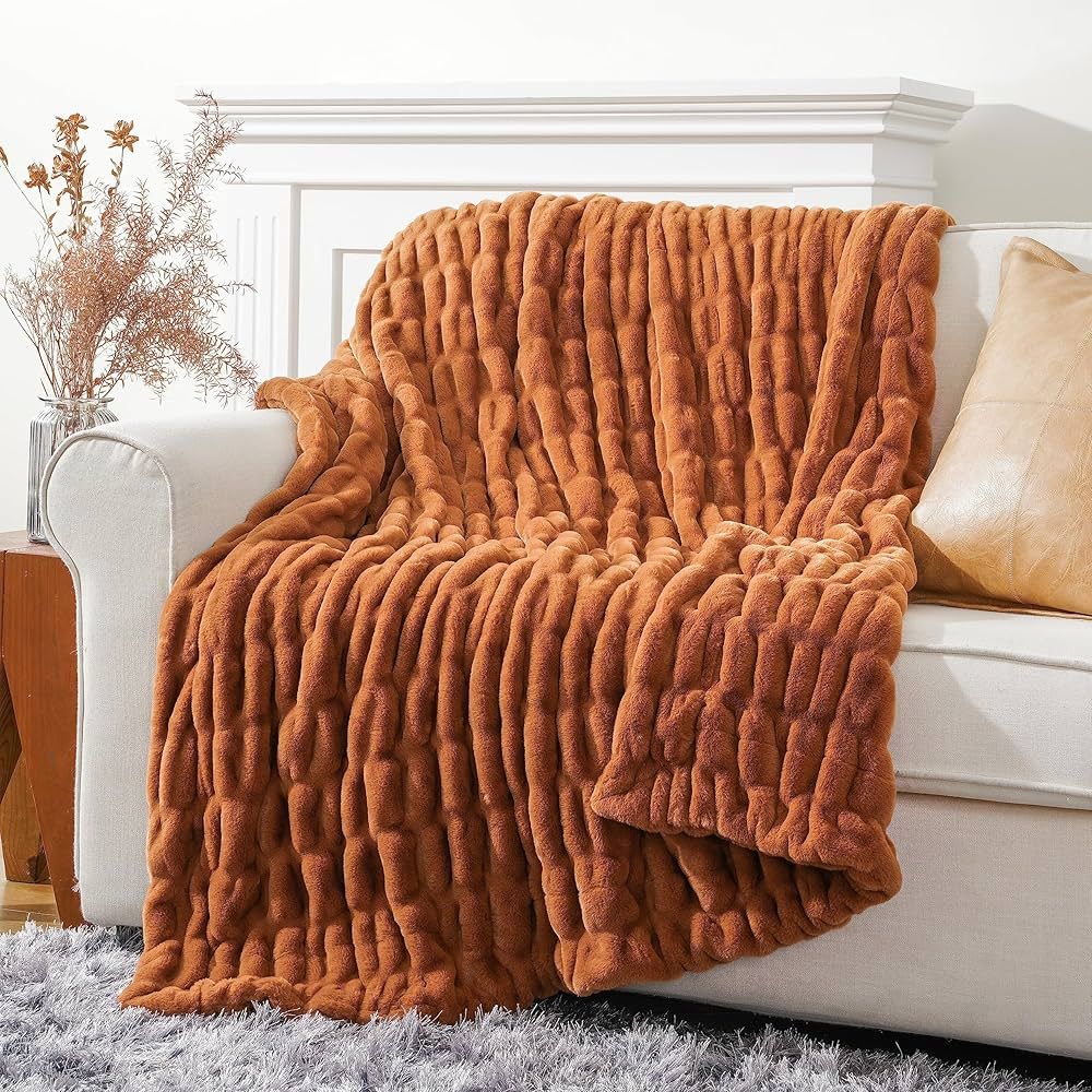 BATTILO HOME Orange Faux Fur Throw Blanket, Double Side Ruched Reversible Rabbit Fur Blanket for ... | Amazon (US)
