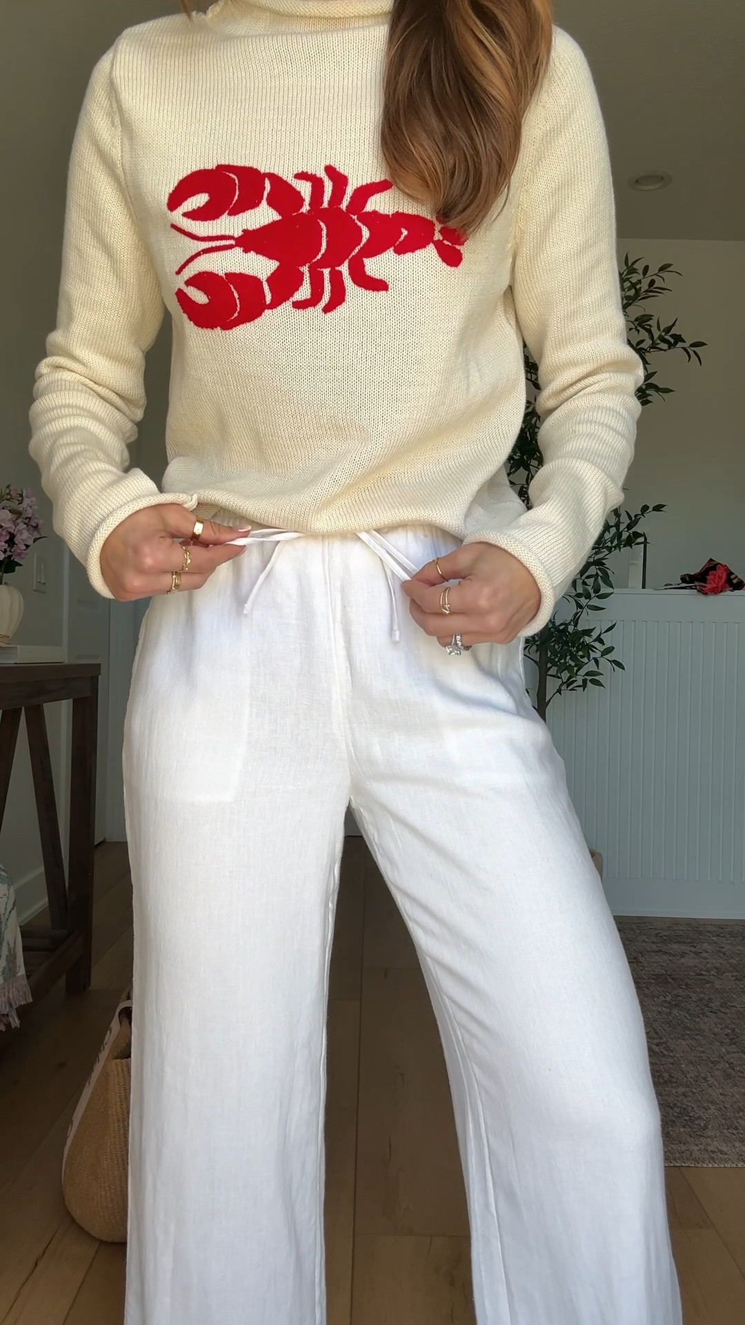 Spa day outfit. Resort wear. Beach vacation. Resort outfit. Spring outfit. Vacation outfit. Abercrombie linen-blend white pants in XXS short. Amazon lobster sweater in XS. Gucci slide sandals - I went up hand a size. Chloe straw tote. 

#LTKTravel #LTKootd #LTKgrwm