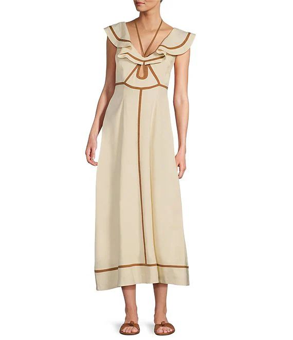 x M.G. Style Kurry Flounce Shoulder Tie Neck Cut Out Linen Blend Dress | Dillard's