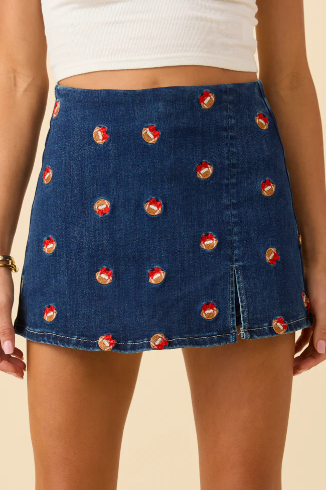 My Favorite Dark Wash Football Embroidery Skort | Pink Lily