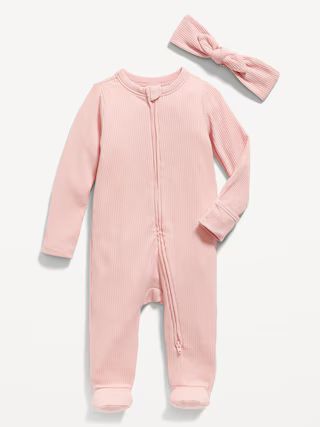 Sleep &amp; Play 2-Way-Zip Footed One-Piece &amp; Headband Layette Set for Baby | Old Navy (US)