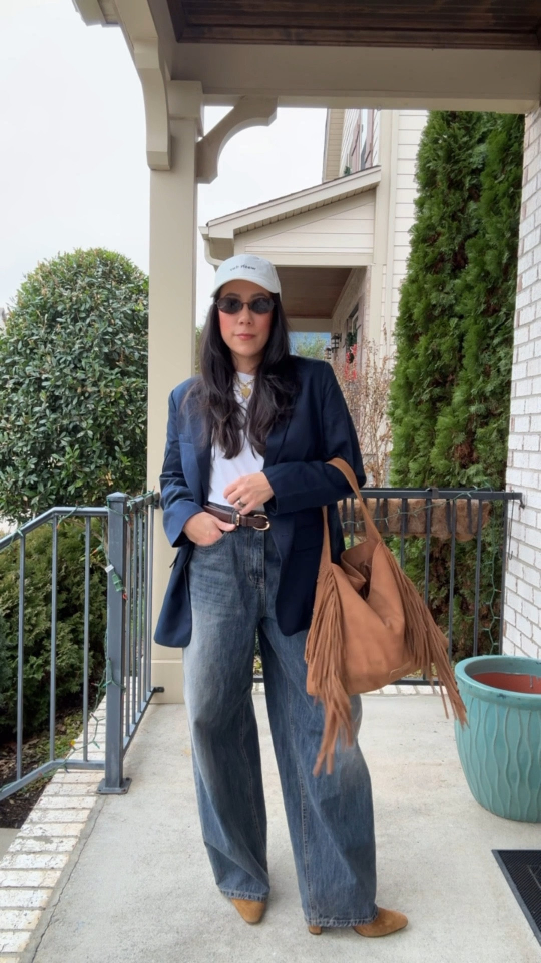 I’m 5”2, and the Oak + Fort jeans are a size small. They are long on short girls so I have to wear them with my 3.5-inch booties to get the look I want. Blazer is 4. TTS. I’ve never really been a blazer girl, but I love the blazer-dad hat combo. 

#LTKFindsUnder100 #LTKPetite