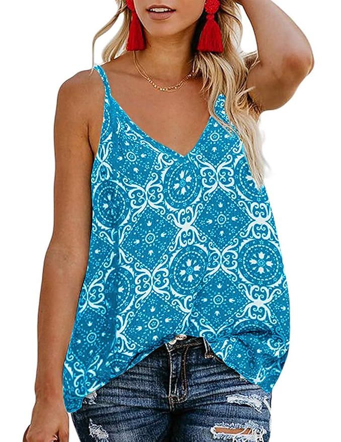 TECREW Women's Boho Floral V Neck Spaghetti Straps Tank Top Summer Sleeveless Shirts Blouse | Amazon (US)