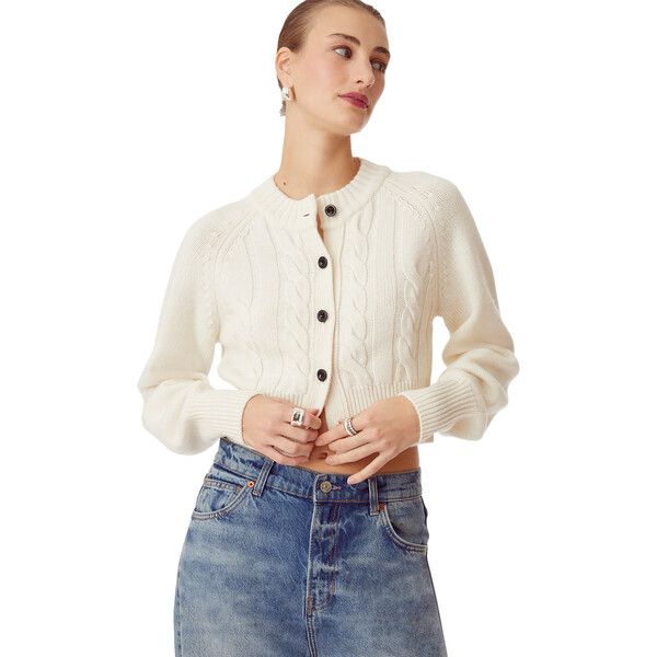 Women's Rita Ribbed Neck & Cuff Cropped Cardigan, Ivory | Maisonette