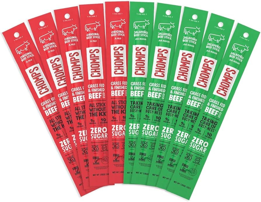 CHOMPS Grass Fed Beef Jerky Sticks, Beef Variety Pack, 10 Sticks: (5) Original Beef, (5) Jalapeno... | Amazon (US)