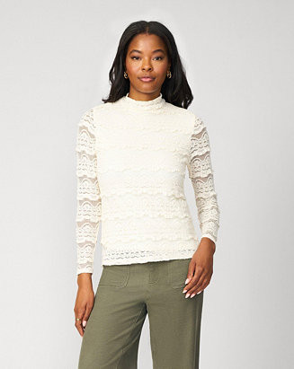 Cable & Gauge Women's Ruffle Lace Stretch Mock Neck Top - Macy's | Macy's