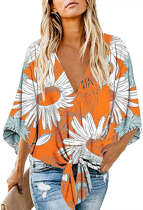 Women's Casual Floral Blouse Batwing Sleeve Loose Fitting Shirts Boho Knot Front Tops | Amazon (US)