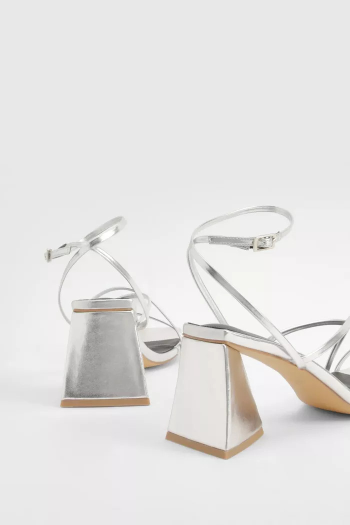 Flared Heel Metallic Cross Strap Heeled Sandals | Boohoo.com (UK & IE)