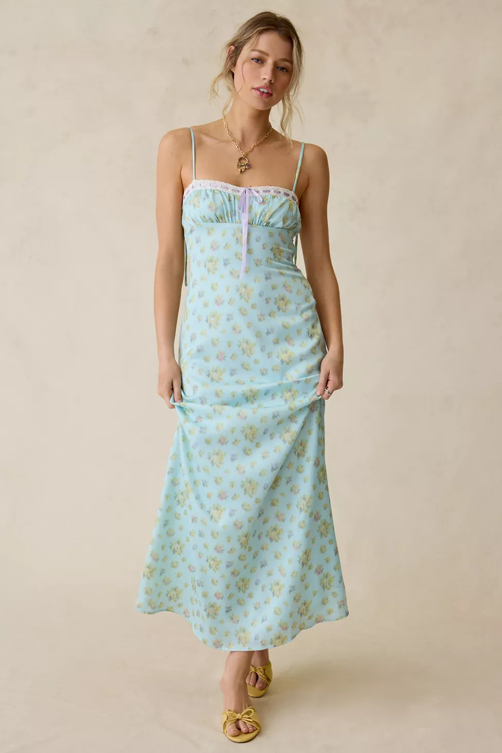 UO Tied With A Bow Lace + Ribbon Trim Satin Slip Maxi Dress | Urban Outfitters (US and RoW)