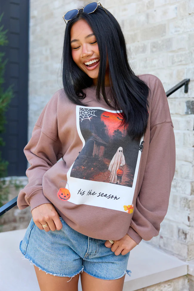 'Tis The Season Halloween Photo Print Mocha Graphic Sweatshirt | Pink Lily
