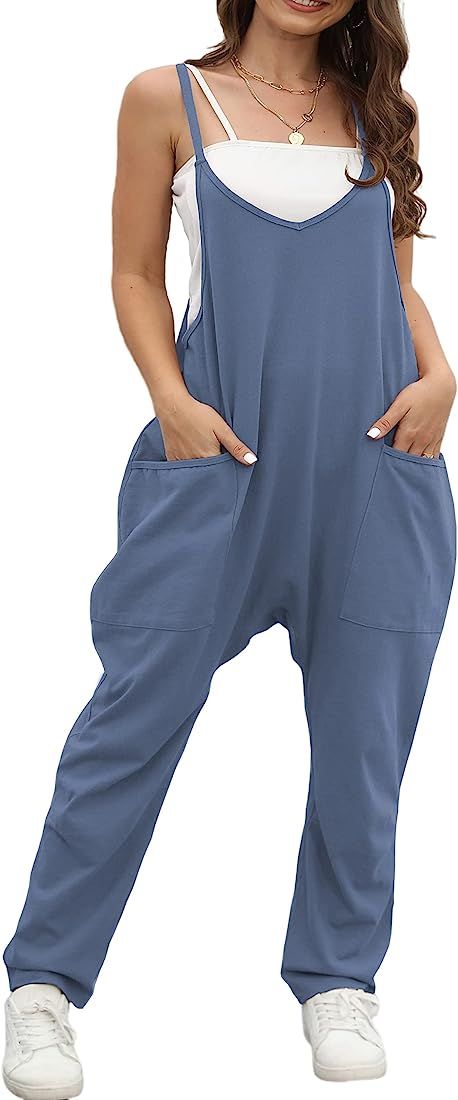 OUFEIYA Womens Casual Sleeveless Adjustable Strap Loose Solid Jumpsuits Baggy Stretchy Long Pant ... | Amazon (US)