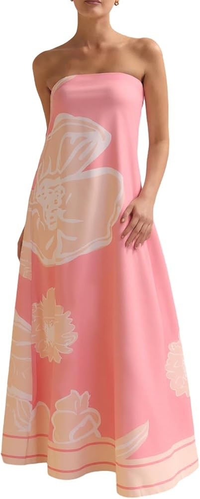 Zwirelz Women Strapless Maxi Dress Boho Floral Print Flowy Long Tube Dress Off Shoulder Loose Bea... | Amazon (US)