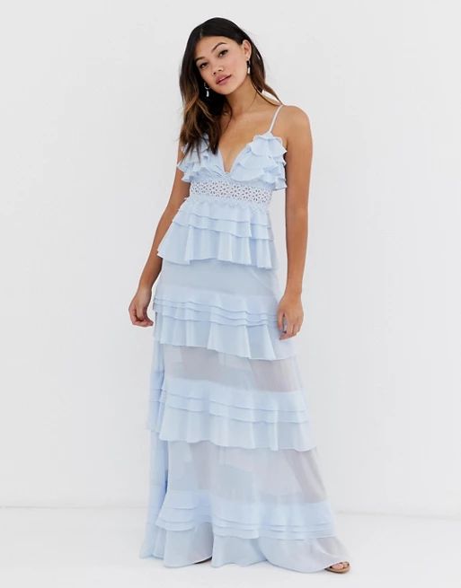 True Decadence premium frill layered cami maxi dress with lace insert in soft blue | ASOS US