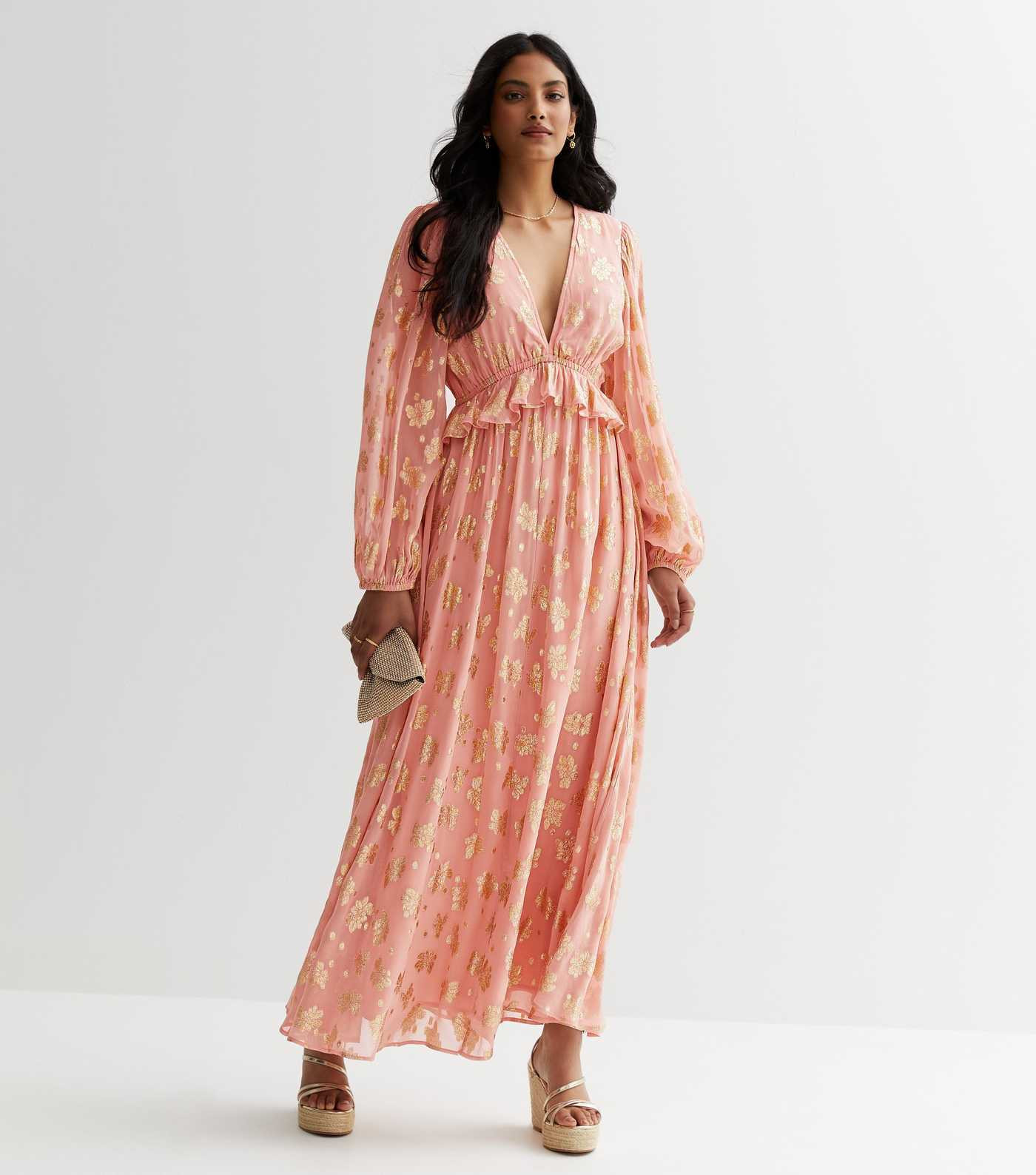Pink Glitter Floral Plunge Frill Maxi Dress
						
						Add to Saved Items
						Remove from Sav... | New Look (UK)