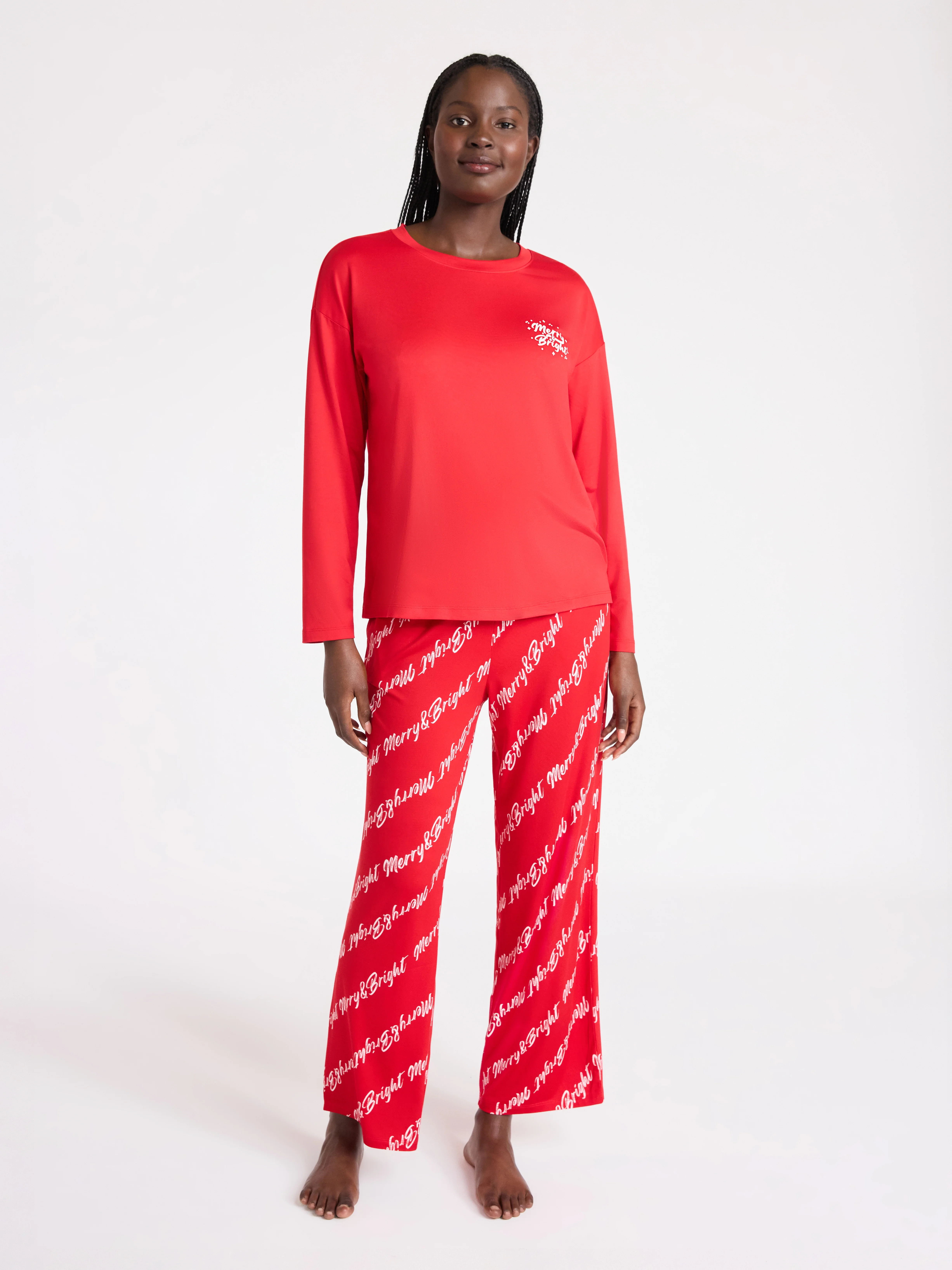 Joyspun Women's Dreamy Soft Collection Long Sleeve Sleep Top and Straight Leg Pants Pajama Set, 2... | Walmart (US)