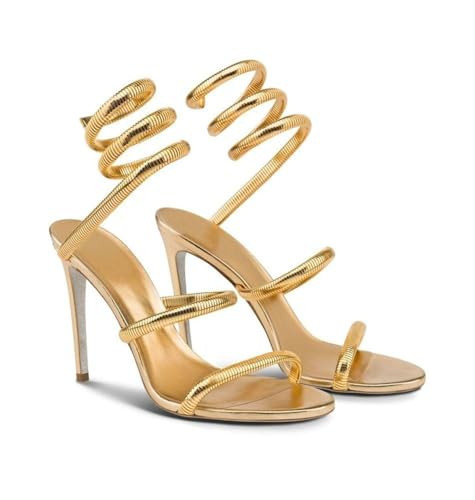 Gold Spiral Heeled Sandals for Women Glden Sparkly Stiletto Heels with Sexy Ankle Wrap Around 4.17" High Heel Open Square Toe Prom Pumps Slingback Sandal Snake Wrap 2025 Club Dressy Shoes Size 12 | Amazon (US)
