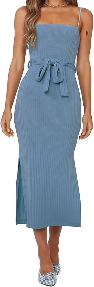 EXLURA Womens Spaghetti Strap Bodycon Midi Dress Side Slit Backless Waist Tie Ribbed Cami Dresses | Amazon (US)