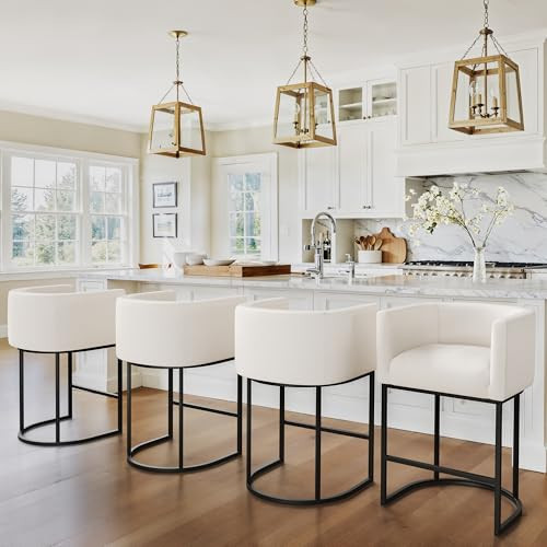 LUE BONA 27" H Counter Height Bar Stools Set of 3, Modern Barrel Counter Stools with Backrest and Arms, Black Metal Frames, Linen Fabric Upholstered Accent Barstools for Kitchen Island, Beige | Amazon (US)