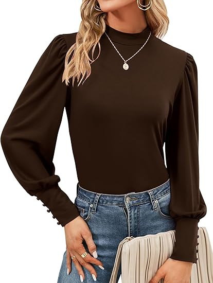 Qirno Womens Mock Neck Puff Long Sleeve Tops Casual Loose Solid Basic T Shirt Button Cuffs Pullov... | Amazon (US)