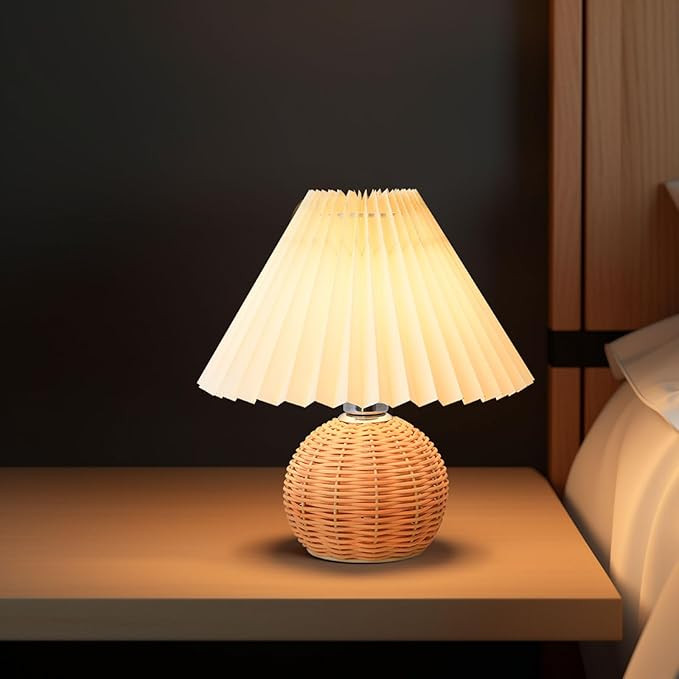 KUNJOULAM Pleated Table Lamp, Modern Bedside Nightstand Lamp with Beige Lampshade Rattan Metal Ba... | Amazon (CA)