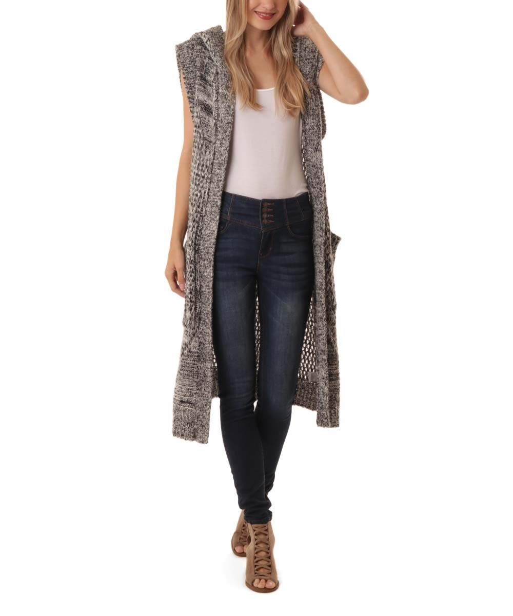 I Joah Women's Sweater Vests H.GREY - Heather Gray Heather Pocket Longline Hooded Open Vest - Women | Zulily