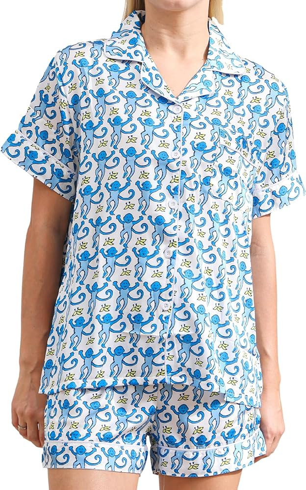 Women Y2k Pajamas Set Silk Satin Short Sleeve Button Down Top and Shorts Monkey Sleepwear Preppy ... | Amazon (US)