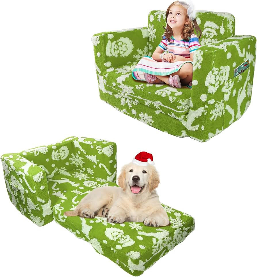 Christmas Kids Sofa, 2-in-1 Toddler Couch Fold Out, Christmas Comfy Toddler Sofa, Convertible Kid... | Amazon (US)