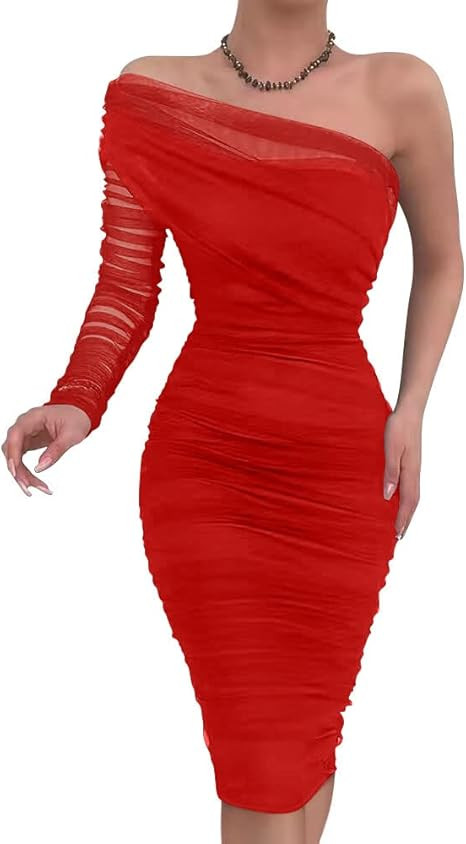GOKATOSAU Women's Elegant One Shoulder Sheer Bodycon Ruched Midi Semi Formal Dress | Amazon (US)