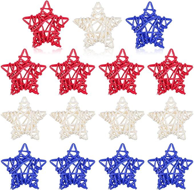 15 Pieces Patriotic Stars Wicker Rattan Stars 4th Fourth of July Patriotic Decorations for Memori... | Amazon (US)