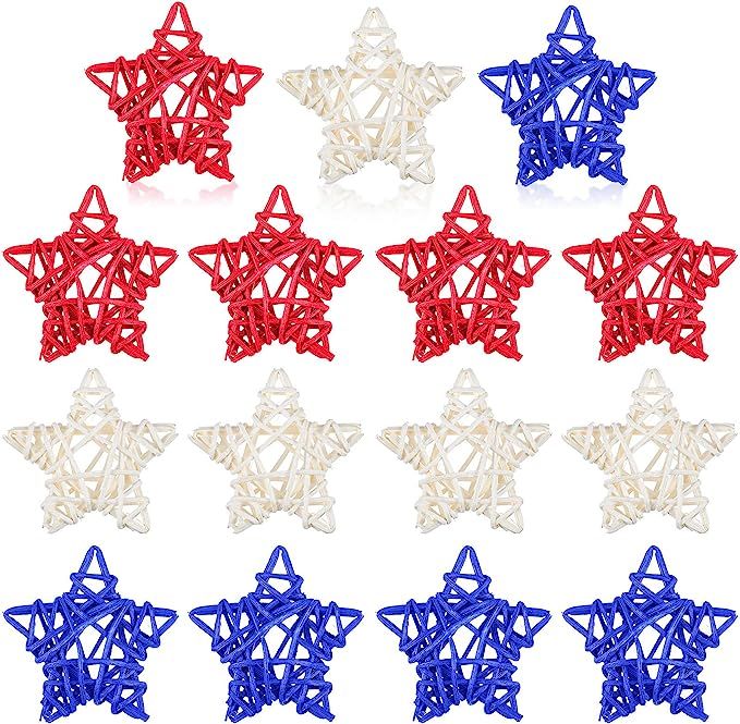 15 Pieces Patriotic Stars Wicker Rattan Stars 4th Fourth of July Patriotic Decorations for Memori... | Amazon (US)