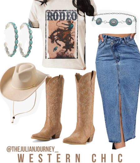Western chic outfit idea!! Long split denim skirt, cowboy boots, rodeo tshirt, cowboy graphic tshirt, turquoise cowboy skirt, cowboy hat!! Concert outfit idea!! 