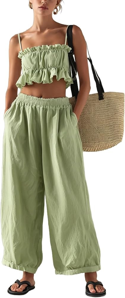 Women Casual Summer Matching Set Ruffled Cami Top and Wide Leg Pants Vacation Outfit | Amazon (US)