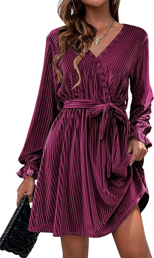 HOTOUCH Women's Velvet Dress Wrap V Neck Flared Dress Long Lantern Sleeve Dresses with Belt Cockt... | Amazon (US)