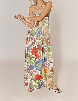 Amiblvowa Women Floral Maxi Dress Sexy Sleeveless Backless A-Line Long Flowy Dress Back Cut Out S... | Amazon (US)