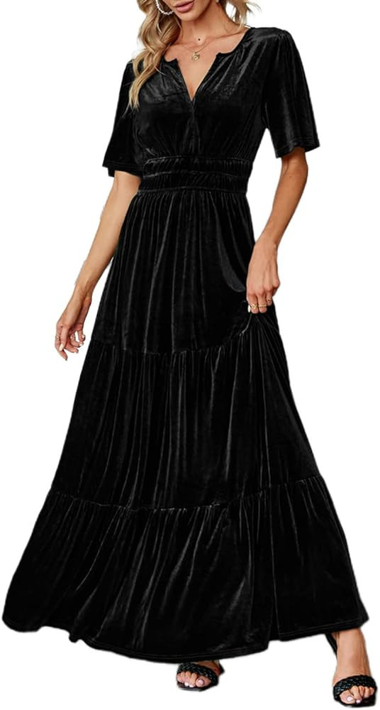 Amegoya Women's Velvet Short Sleeve V Neck Formal Wedding Guest Maxi Dresses Fall Evening Party L... | Amazon (US)