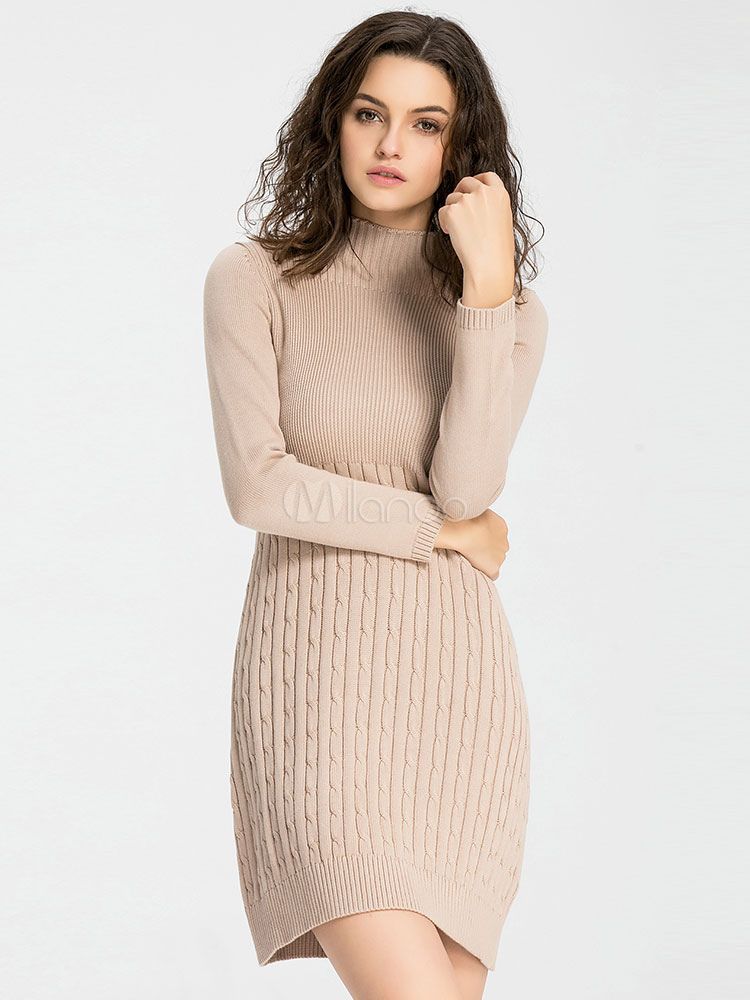 Apricot Sweater Dress Long Sleeve Knee Length High Collar Cable Knit Dress For Women | Milanoo