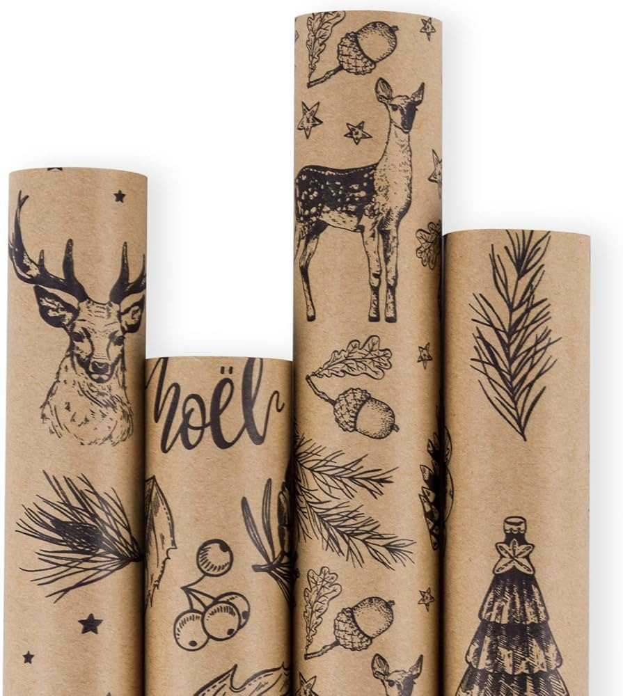 RUSPEPA Christmas Wrapping paper - Brown Kraft Paper with Black Christmas Elements Print Paper - ... | Amazon (US)