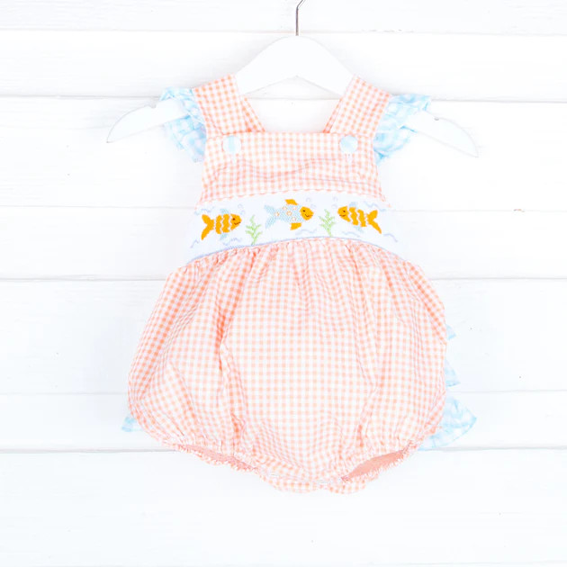 Fish Smocked Orange Gingham Ruffle Bubble | Classic Whimsy