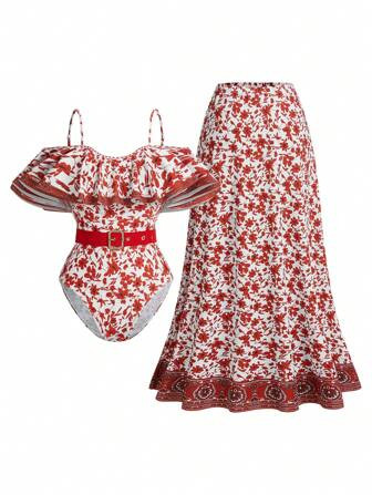 -8%Swim Oasis Women's Boho Floral Print One-Piece Swimsuit & Cover Up Skirt, For Holiday And Resort, For Summer Beach Vacation | SHEIN